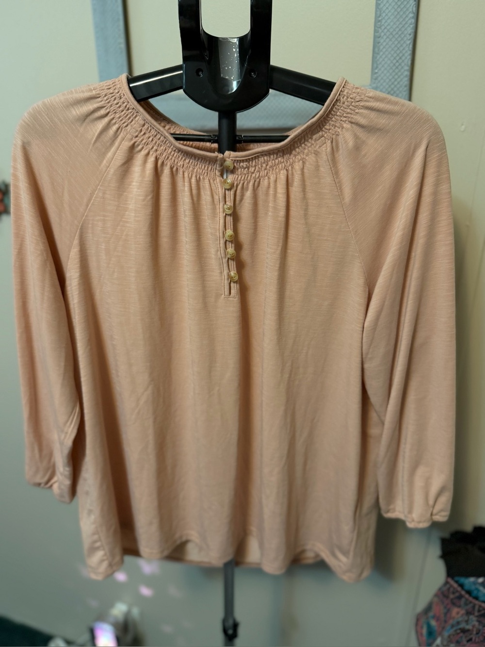 L.L. Bean Camden Hills Smocked Henley Top 3/4 Sleeve - Size L Reg